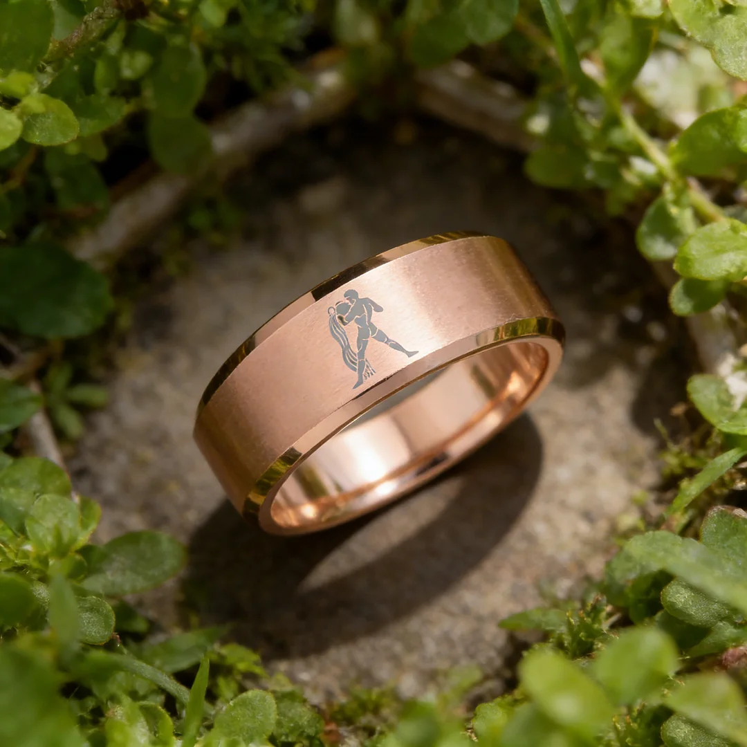 Beveled Edges Rose Gold Laser Etched Tungsten Carbide Rings Rose Gold Aquarius Couple Wedding Band 4MM 6MM 8MM