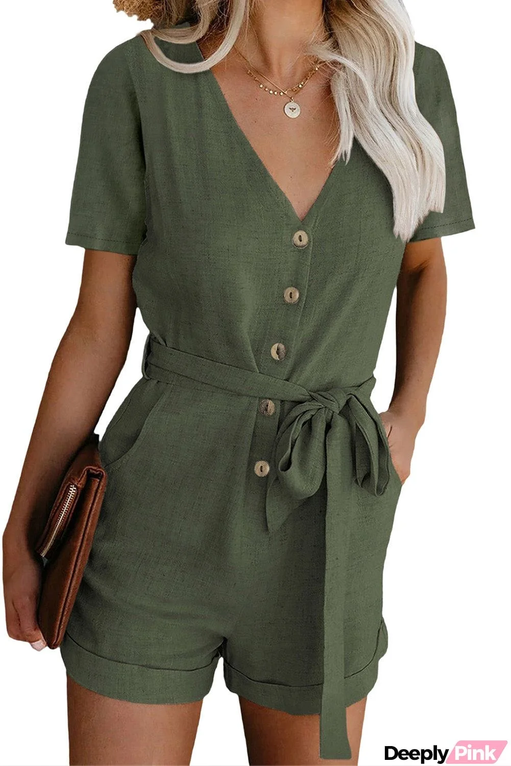 V Neck Short Sleeve Buttons Belted Romper with Pockets