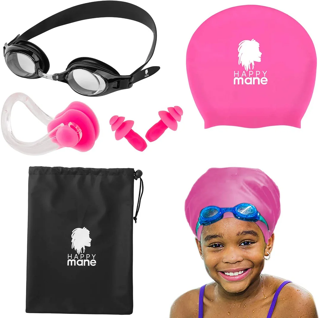 Complete Set Swim Cap for Braids and Dreadlocks Goggles Wet Bag Nose Clip Ear Plug Long Hair, Extensions, and Curly Hair