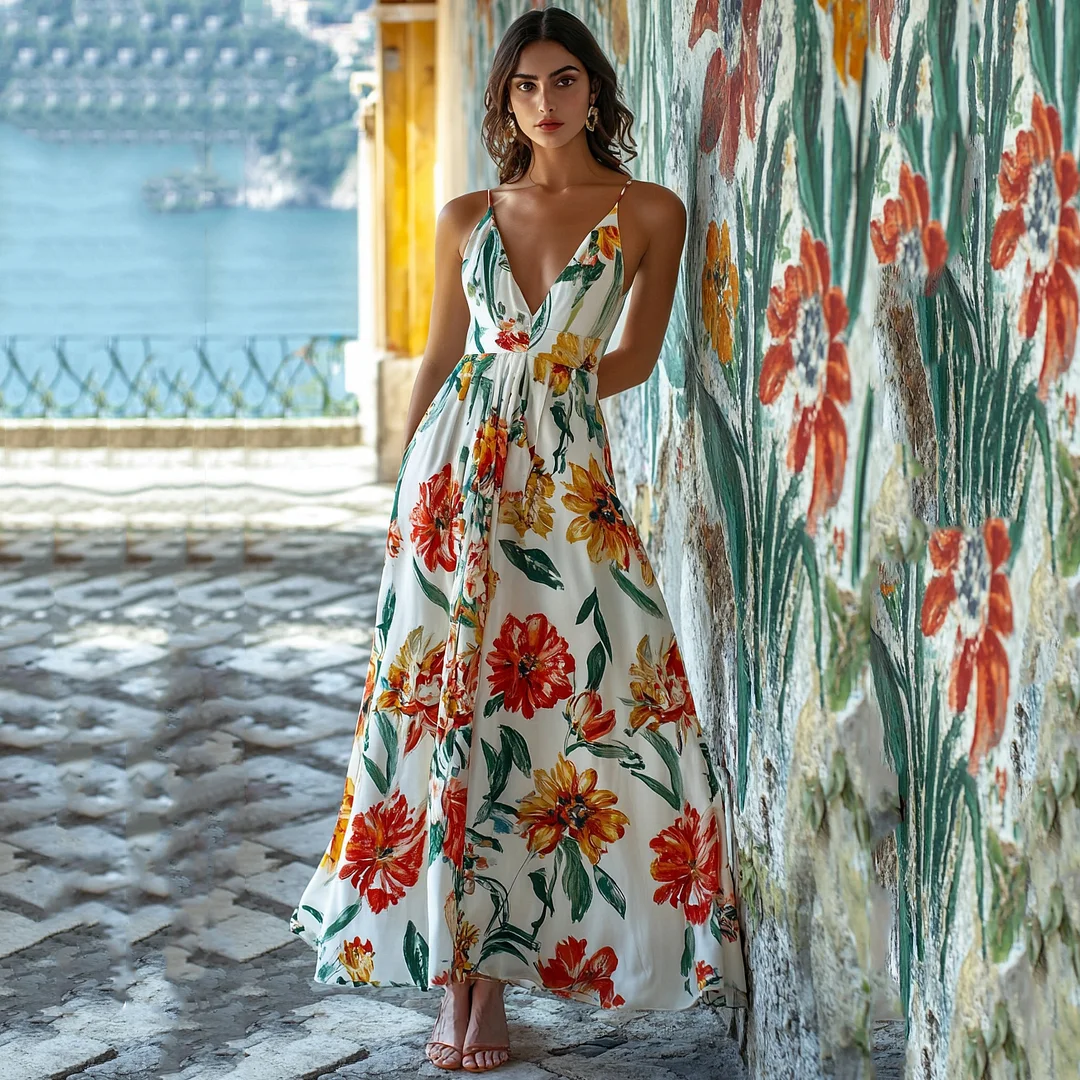Abito lungo da resort con stampa giglio di Firenze, Italia