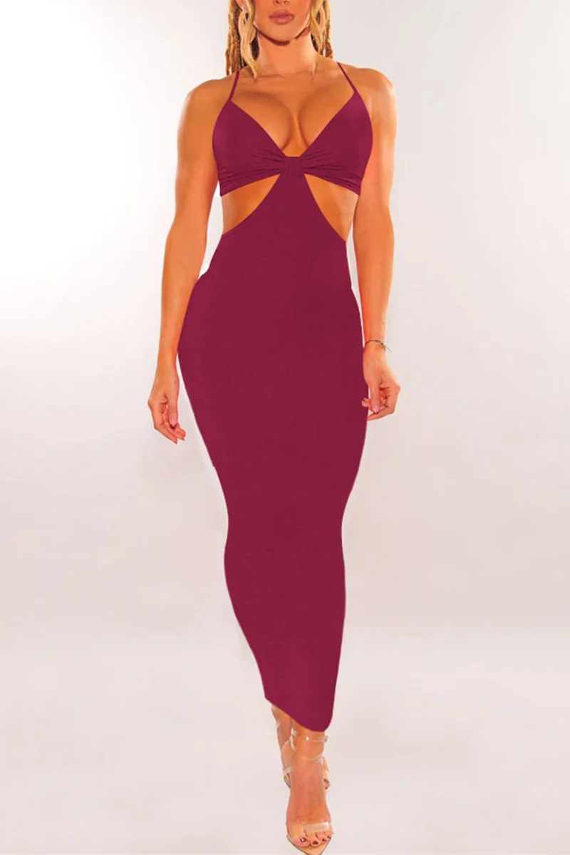 Burgundy Sexy Solid Hollowed Out Split Joint Spaghetti Strap Pencil Skirt Dresses