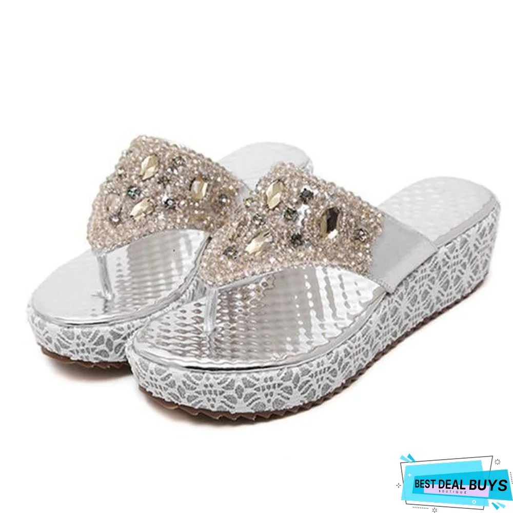 Women's Rhinestone Platform Sandal Shoes Beach Flip Flops Sandals