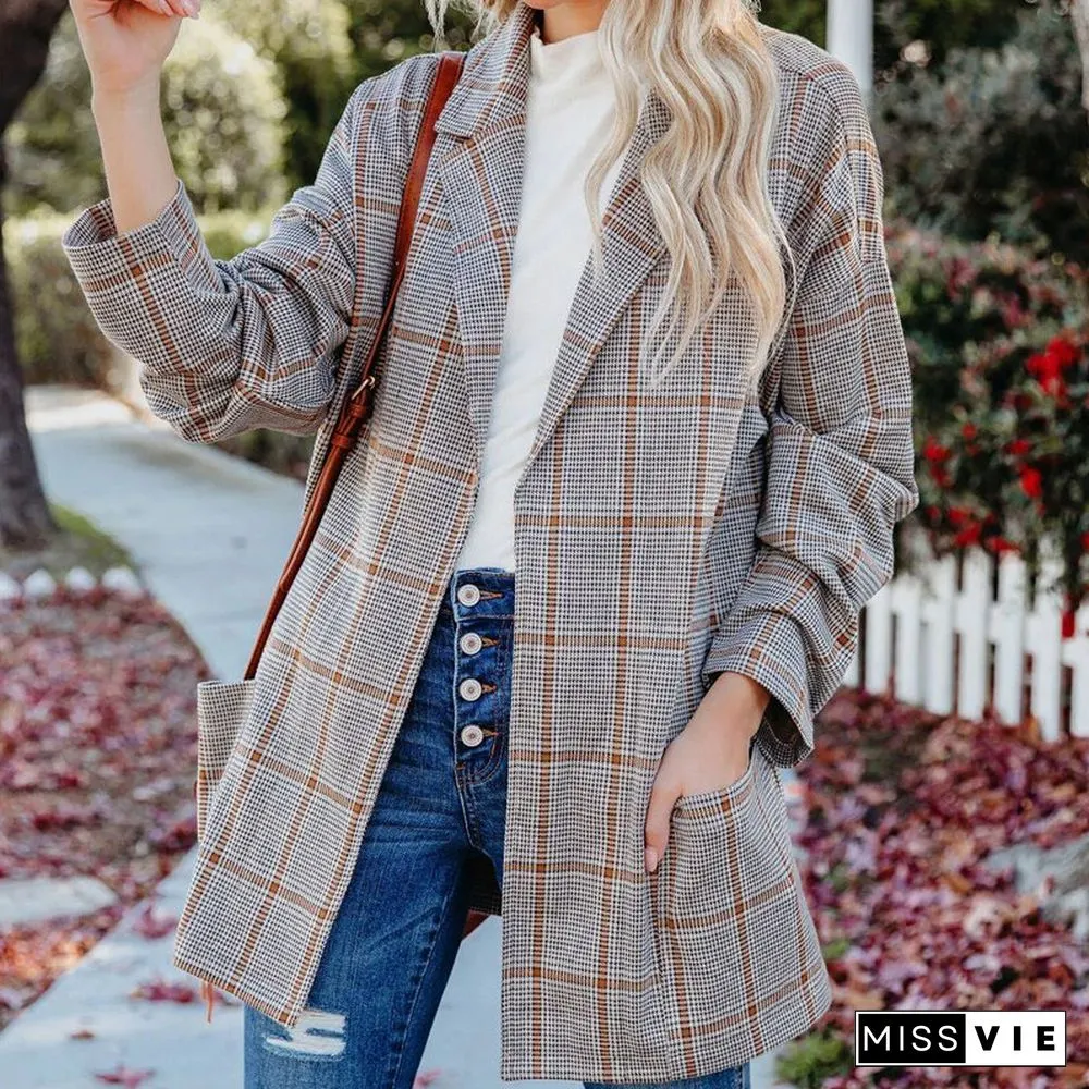 Womens Casual Long Sleeve Striped Blazer Fashion Turn-down Collar Pockets Loose Jacket