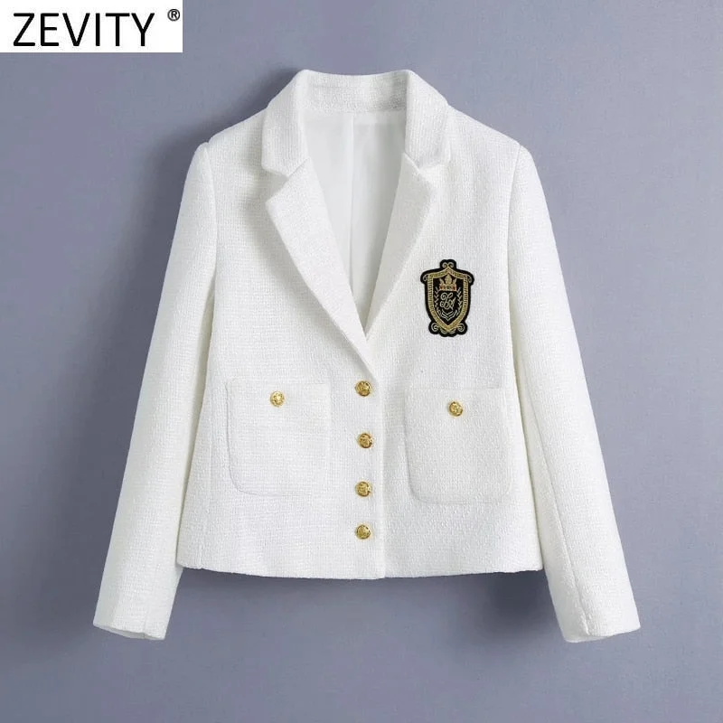 Zevity Women England Style Badge Patch Breasted Woolen Blazer Coat Vintage Long Sleeve Pockets Female Outerwear Chic Tops CT663