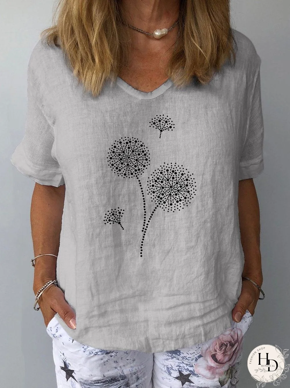 Loose Casual Dandelion Print Top