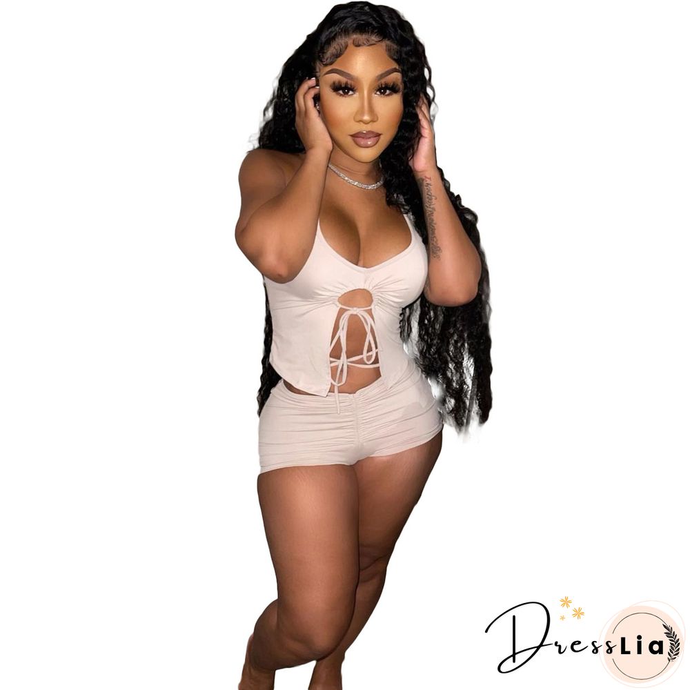 Summer Women Sexy Solid Color Irregular Hollow Out Sleeveless Halter Top Skinny Shorts Two Piece Suit