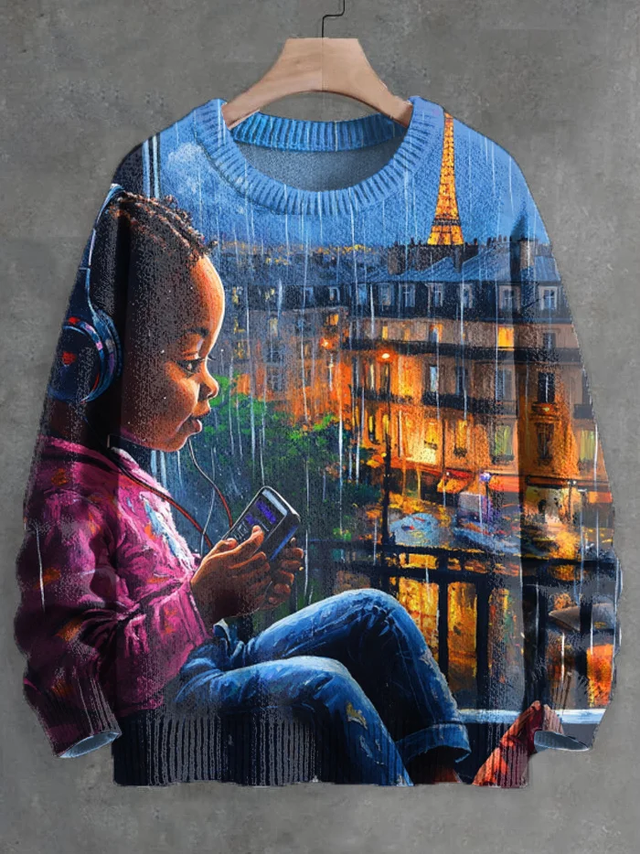 Men's Retro Personal Stereo Little Girl Loves Music Print Knit Sweatshirt