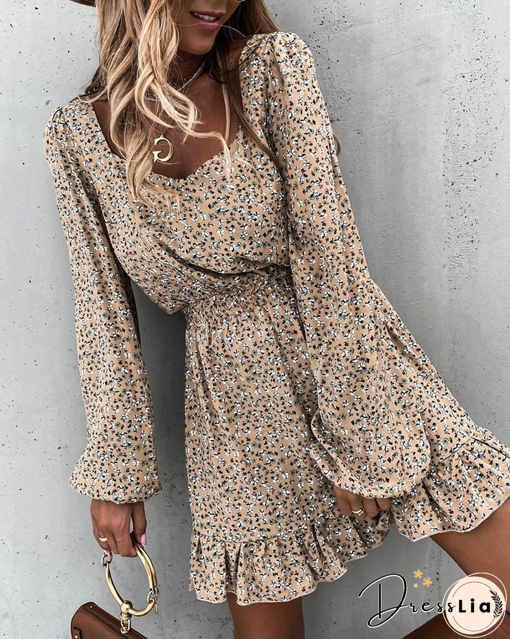 Ditsy Floral Print Bloomer Sleeve Ruffles Skinny Waist Dress P11273