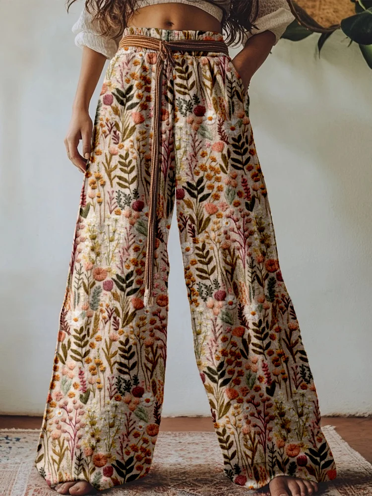 Boho Wildflower Embroidered Linen Blend Comfy Pants