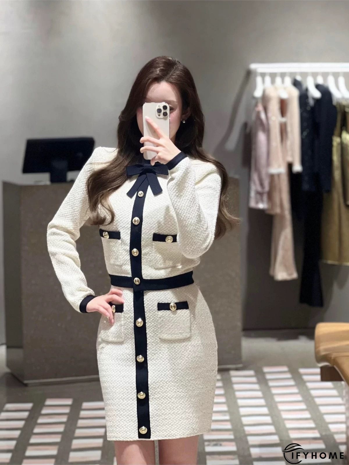 Elegant Crew Neck Color Block Buttoned Flouncing  Jacket | IFYHOME