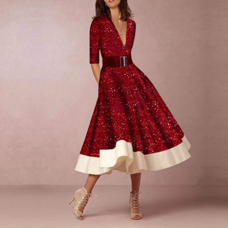 Elegant Colorblock Mid Sleeve Midi Dress