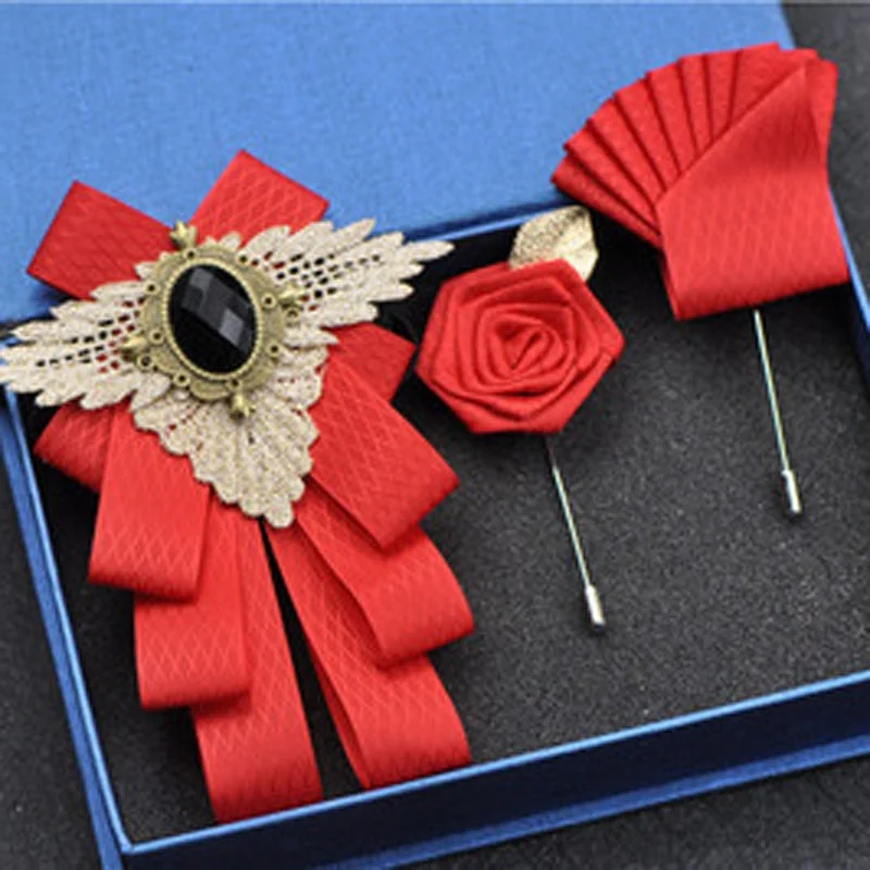 Fashion New Casual Multilayer Bowtie Diamond Brooch Rhinestone Red Bow Tie Brooch Set Wedding Groom Groomsmen Pocket Square Men