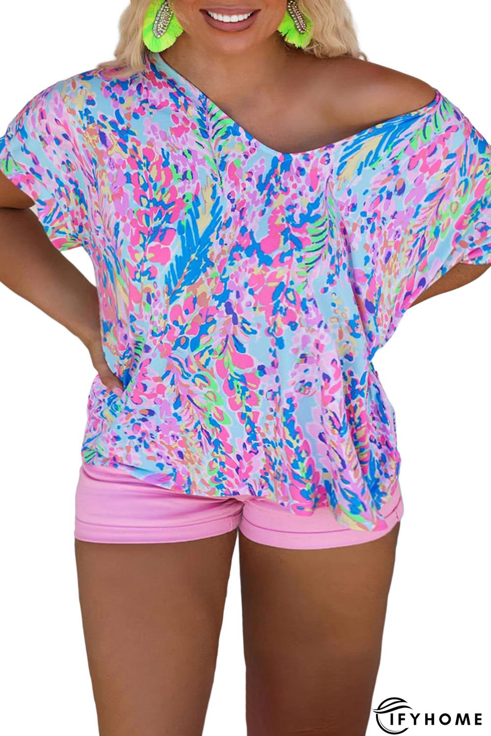 Sky Blue Plus Size Plant Print V Neck T-shirt | IFYHOME