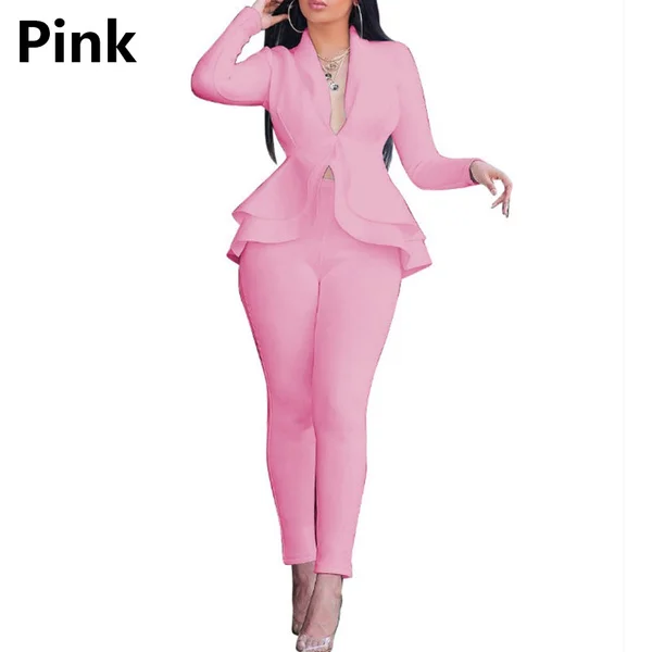 Women's Formal Work Blazer Suit Set Office Outfits Business Jacket Pants Ruffle Solid Color