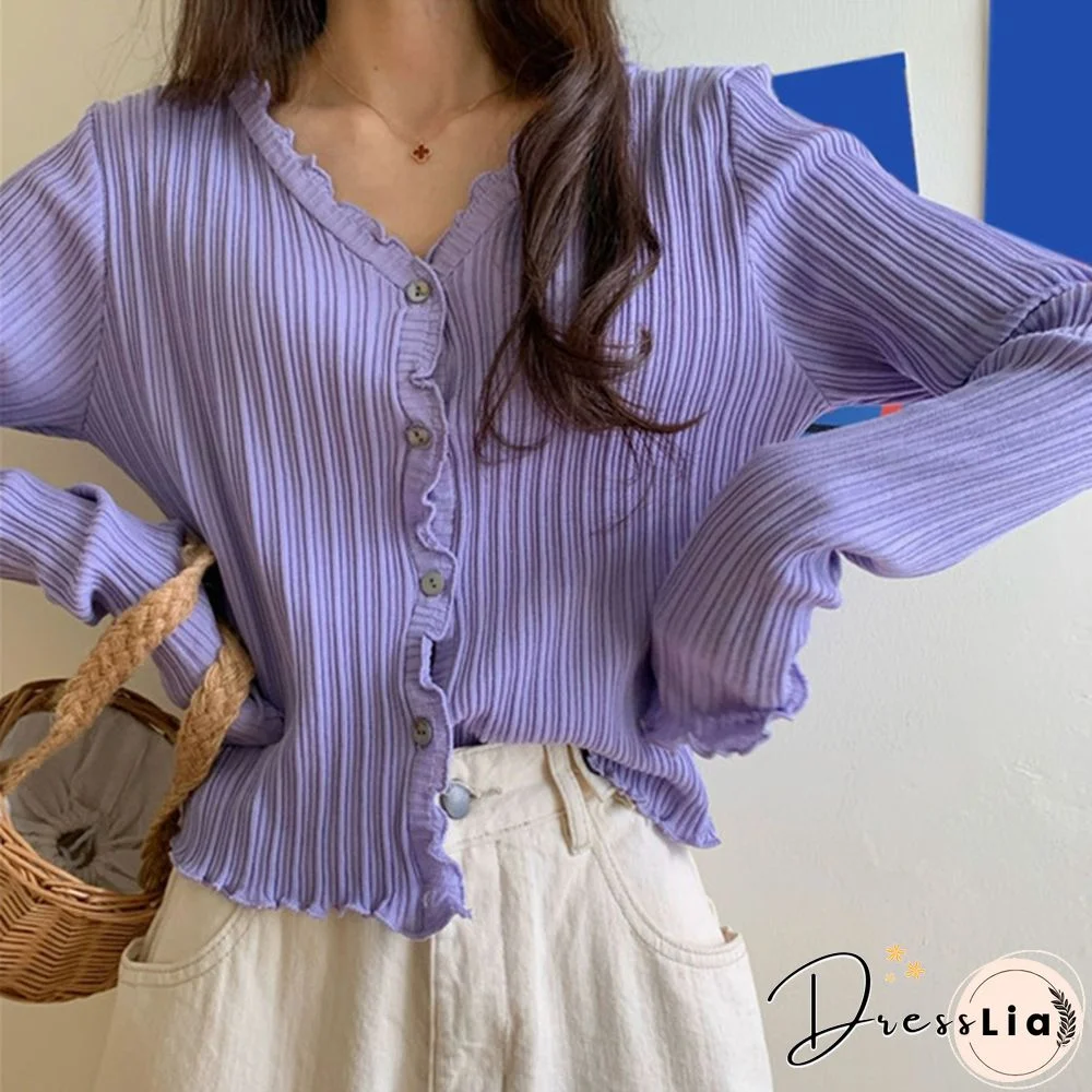 Women's V-neck Long-sleeved Thin Cardigan Short Loose Lazy Top Spring and Autumn