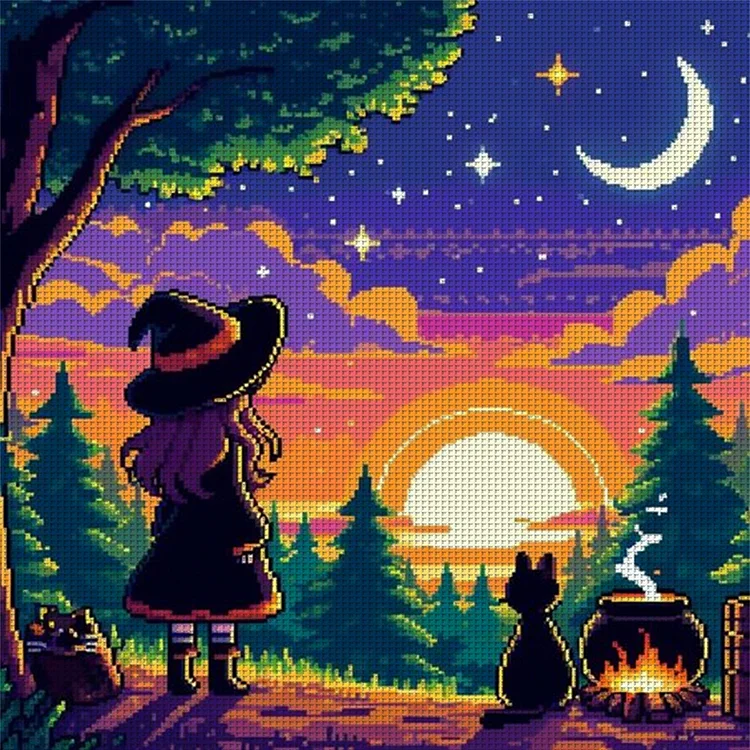 Witch And Cat In The Moonlight 11CT Stamped Cross Stitch 45*45CM