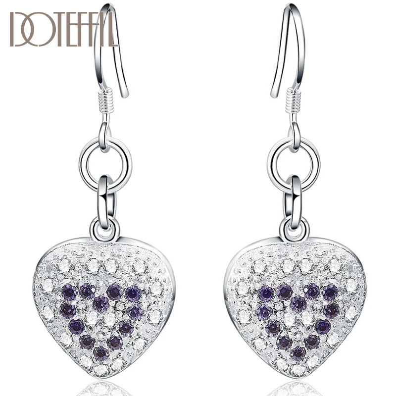 DOTEFFIL 925 Sterling Silver Heart Purple Zircon Earring For Women Jewelry