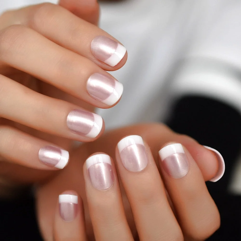 French Manicure 24 Units Faux Ongles Short Squoval Rose Mixed Milky White Press On Nail Large-Nail Inspo