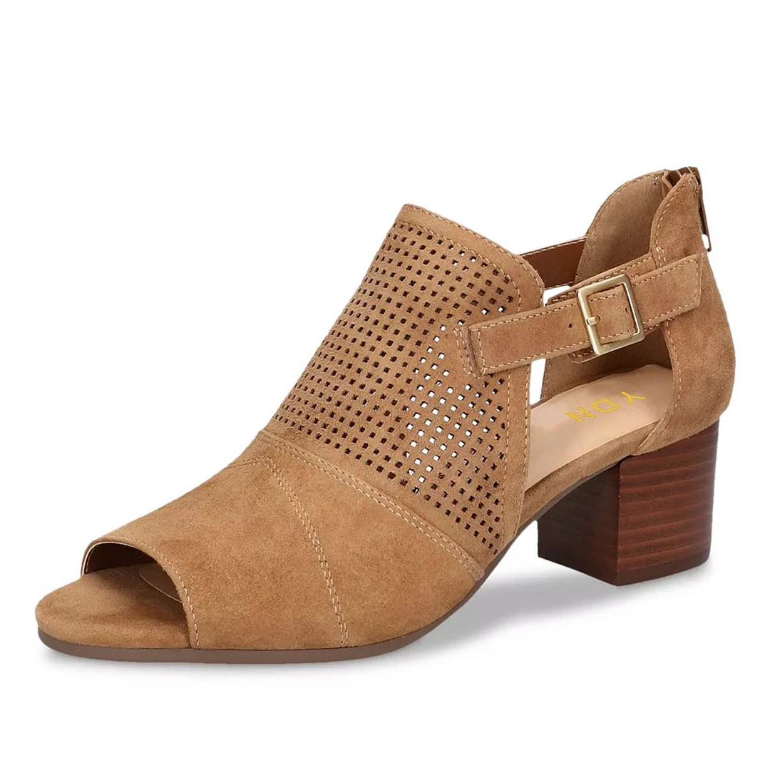 Women's Brown Perforated Cut-Out Low Heel Open Toe Booties for Summer