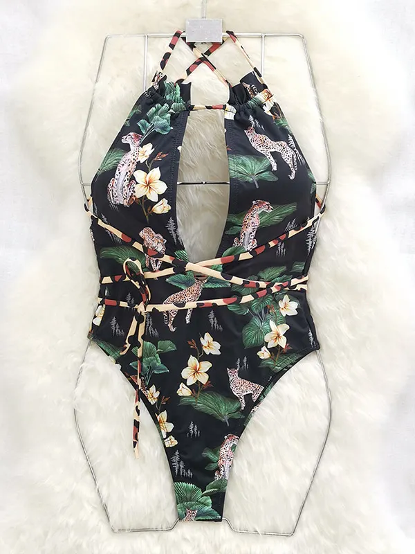 Fashion Floral Deep V-Neck Bandage  Backless Sexy One-Piece Swimwear
