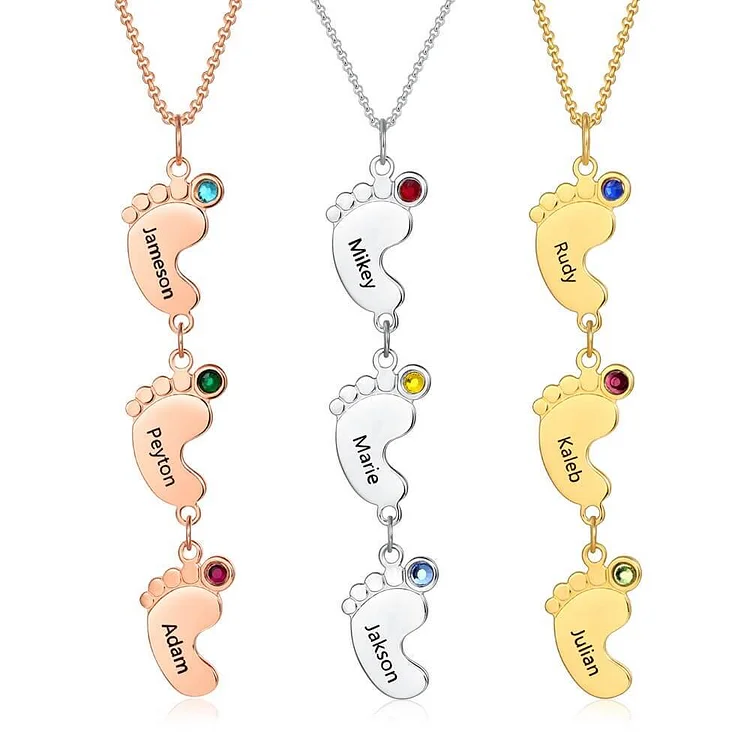 Vertical Baby Feet Charms Personalized 1-6 Names Necklace with Birthstones