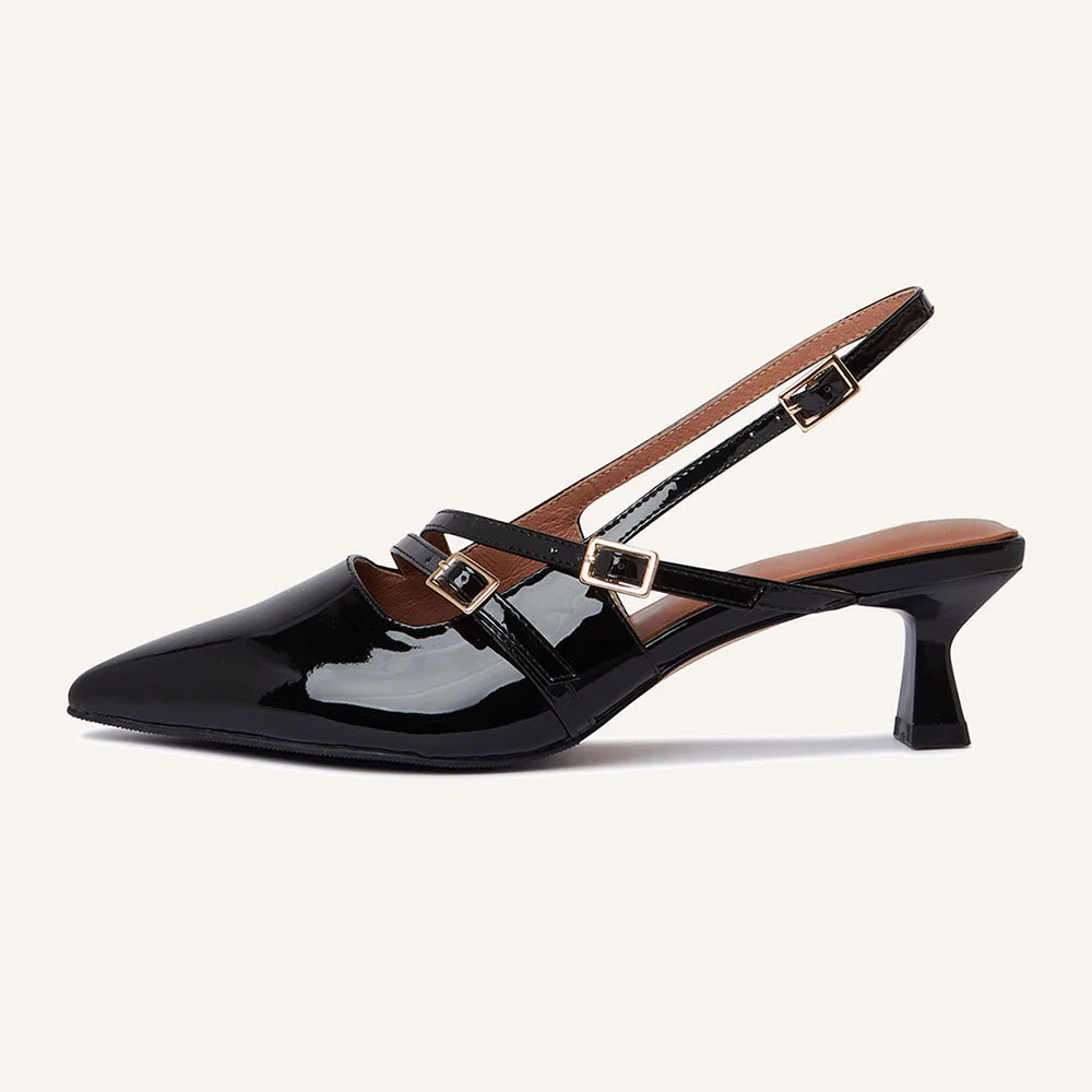 Black Patent Leather Buckle Straps Kitten Heel Slingback Pumps