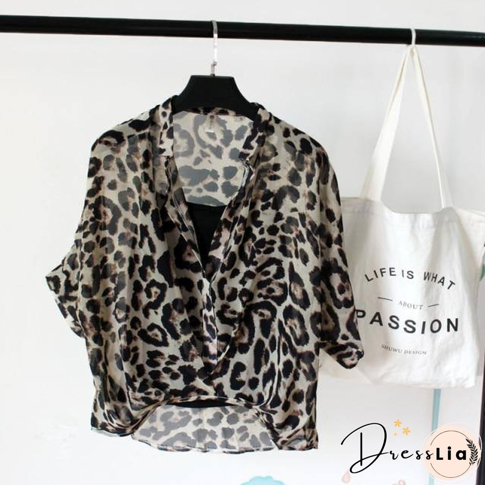 Ladies Two Piece Set Leopard Chiffon Shirts Summer Half Sleeve Loose V-Neck Women Casual Blouse Sexy Plus Size Striped Tops