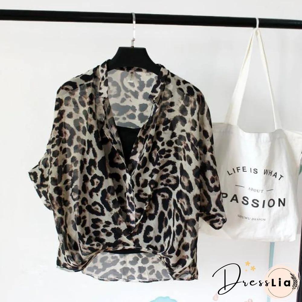 Ladies Two Piece Set Leopard Chiffon Shirts Summer Half Sleeve Loose V-Neck Women Casual Blouse Sexy Plus Size Striped Tops