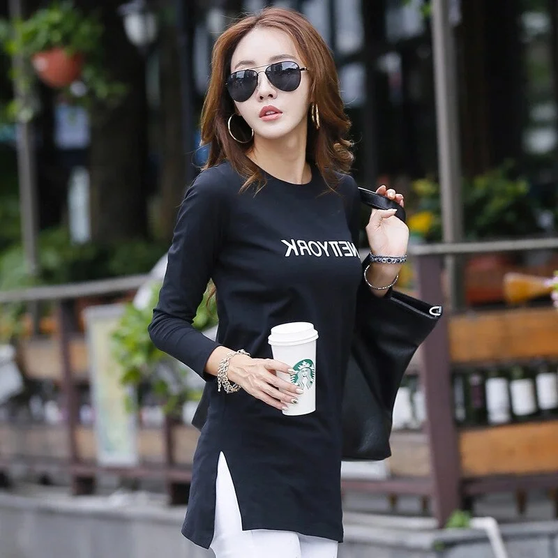 FEKEHA Autumn White Black T Shirt Women Long Tee Tops Long Sleeve T-shirts Lady Casual Letter Print Cotton Female T-shirt