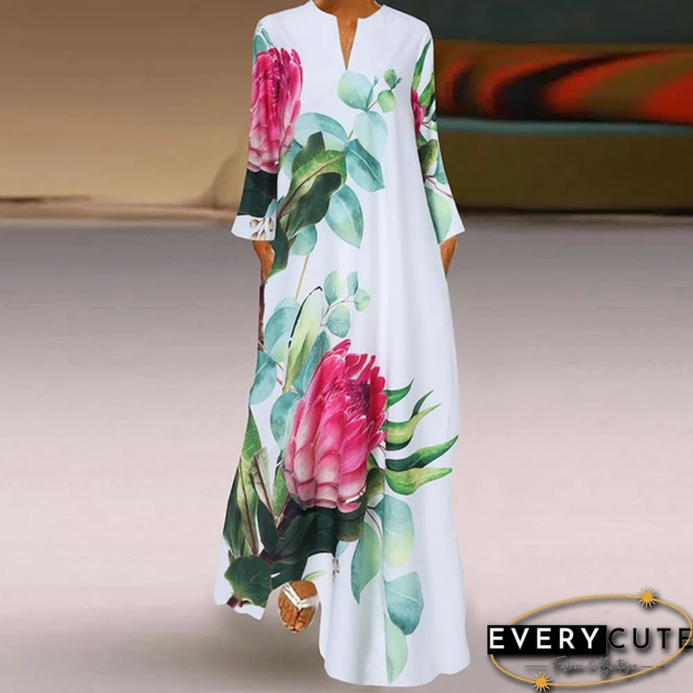 Women Spring Long Sleeved Floral Printed Plus Size Kaftan Dress Vintage Maxi Dresses