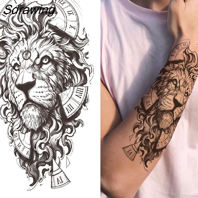 Sdrawing Tiger Temporary Tattoo For Men Women Fake Lion Half Sleeve Skull Tattoos Sticker Black Beast Flower Skeleton Tatoos Paste