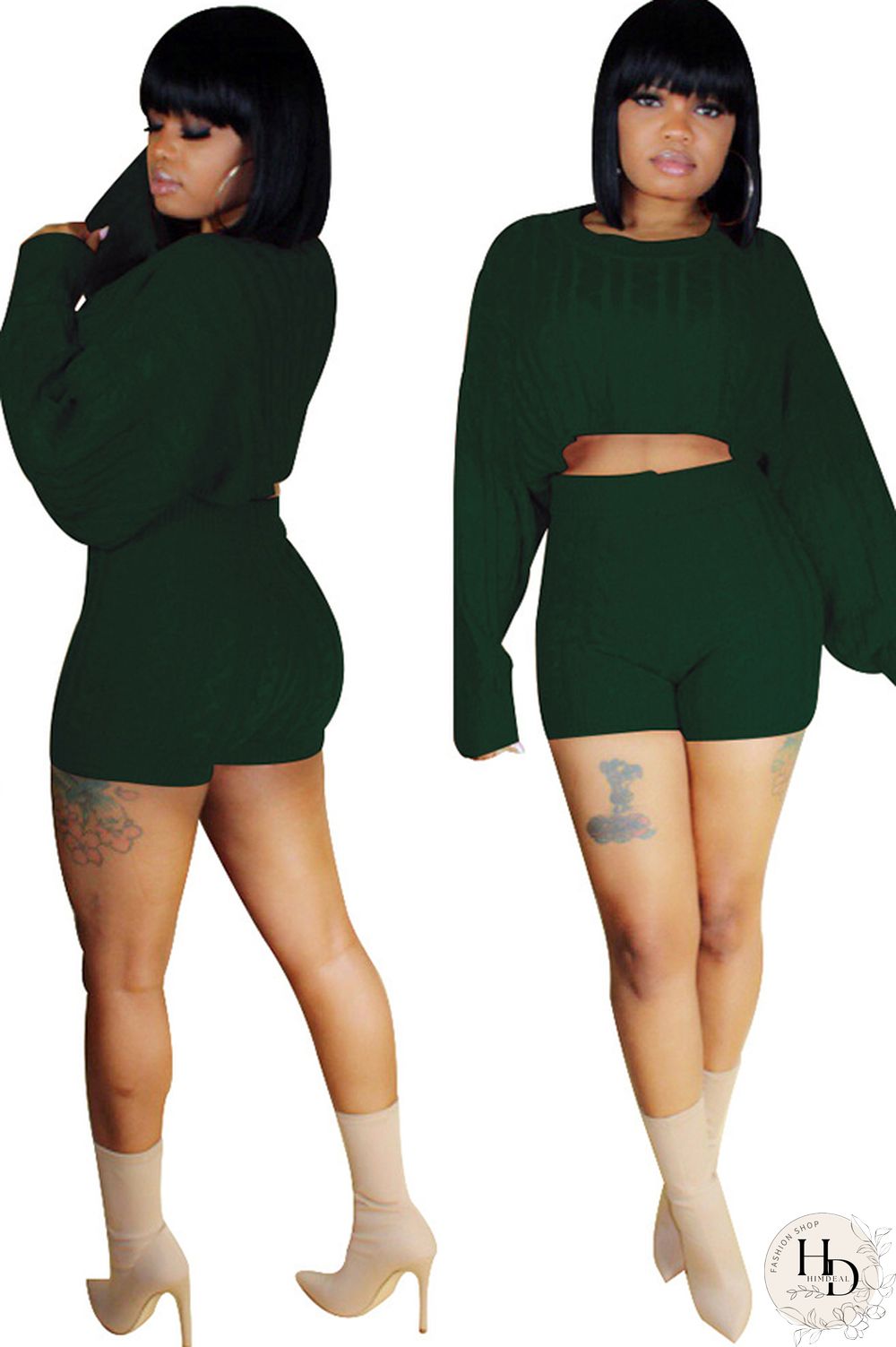 Orange Wool Europe and America Solid Two Piece Suits pencil Long Sleeve Two-Piece Short Set