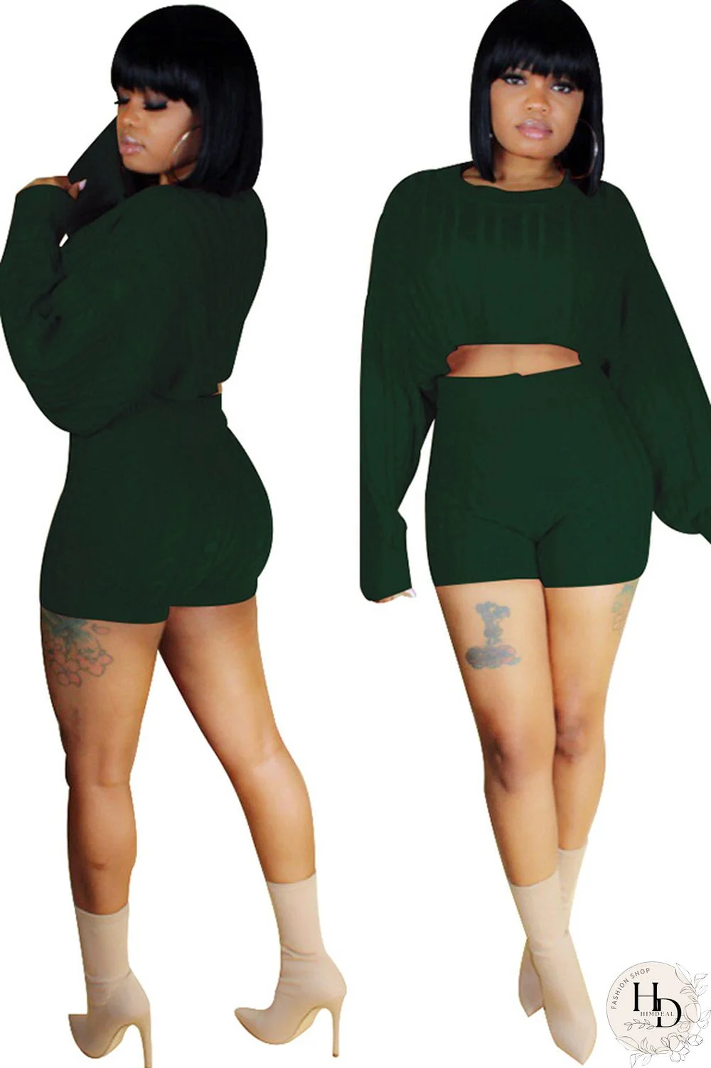 Orange Wool Europe and America Solid Two Piece Suits pencil Long Sleeve Two-Piece Short Set