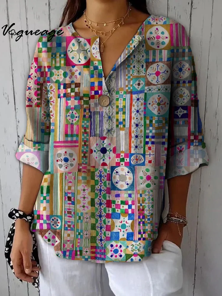 Gentle And Creative Pattern Stitching Printed Cotton And Linen Shirt