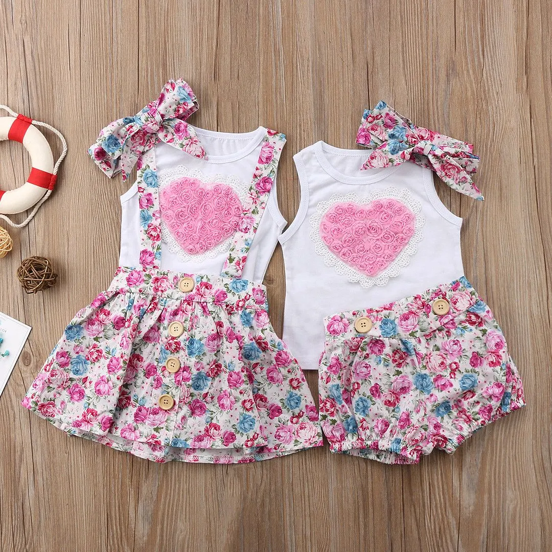 2018 Brand New Newborn Toddler Baby Kid Girl Sister Matching Cotton Clothes T-shirt Dress Pants Outfit 3D Flower Outfit 3Pcs Set