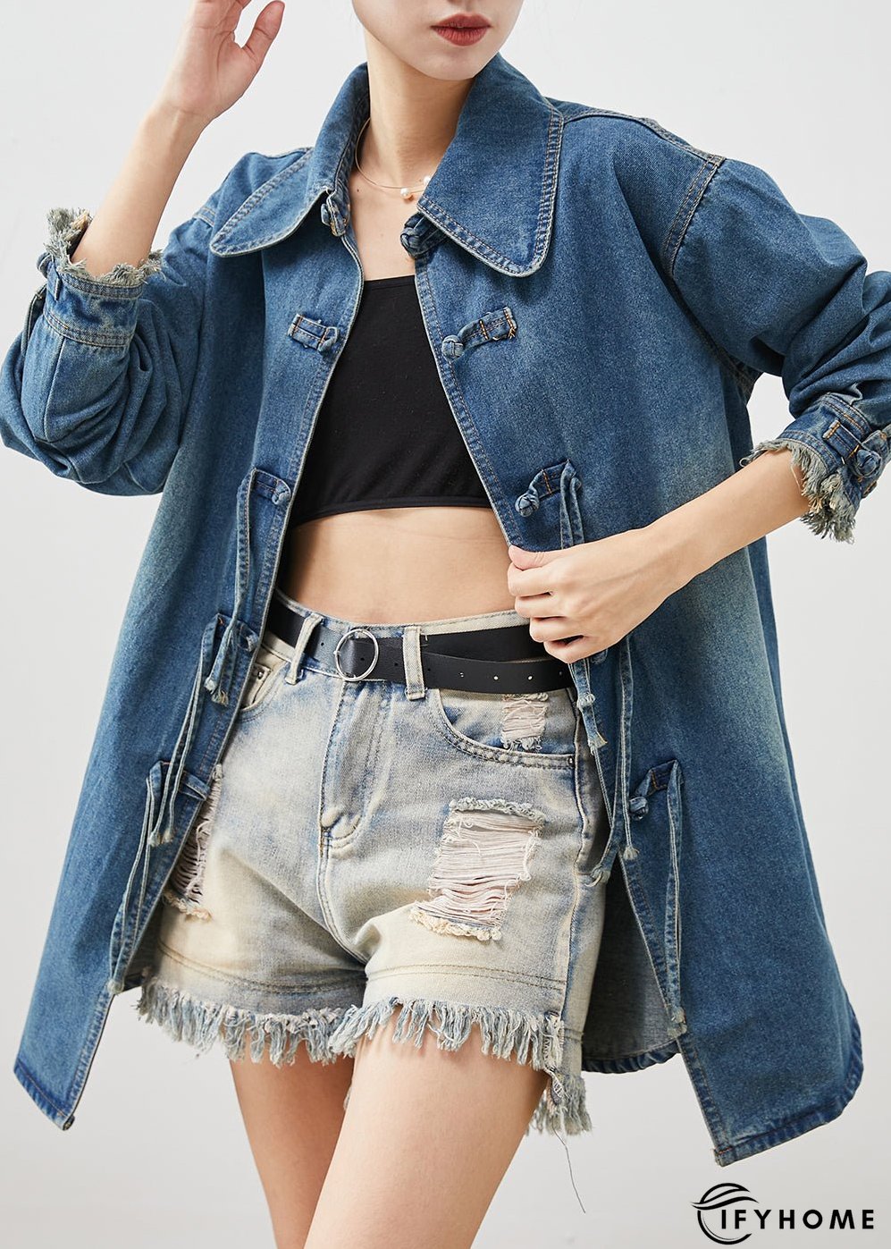 Plus Size Denim Blue Chinese Button Cotton Coat Outwear Spring | IFYHOME