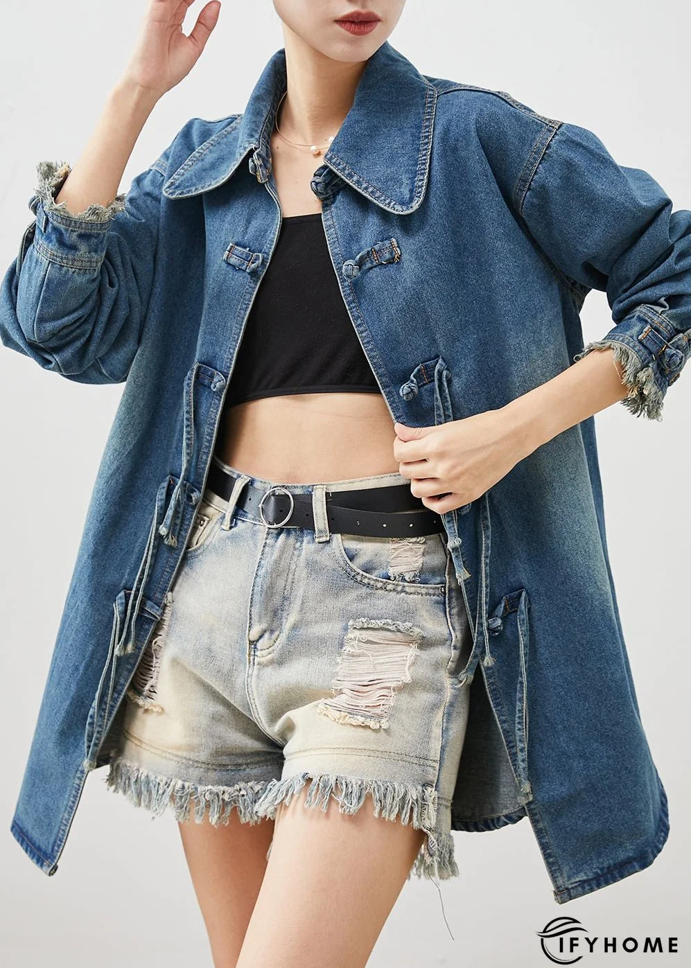 Plus Size Denim Blue Chinese Button Cotton Coat Outwear Spring | IFYHOME