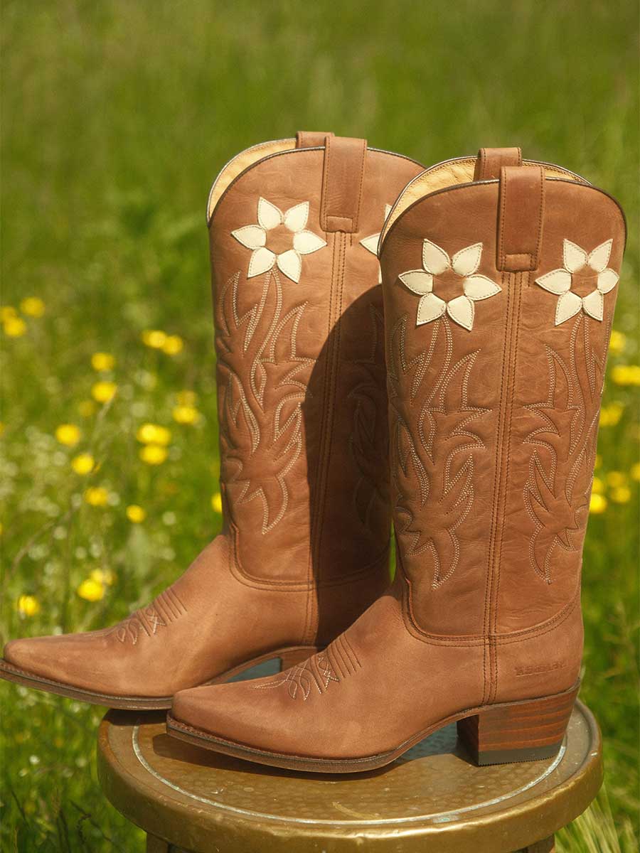 Brown Vegan Leather Snip Toe Floral Inlay Block Heeled Western Boots 