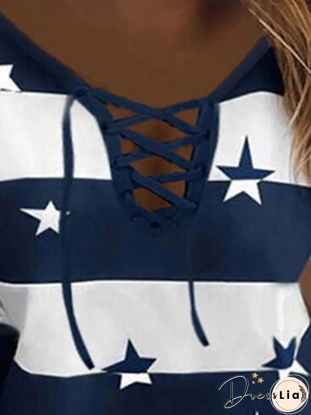 Vintage Colorblock Star Striped Printed Short Sleeve V Neck Lace-up Plus Size Casual Tops