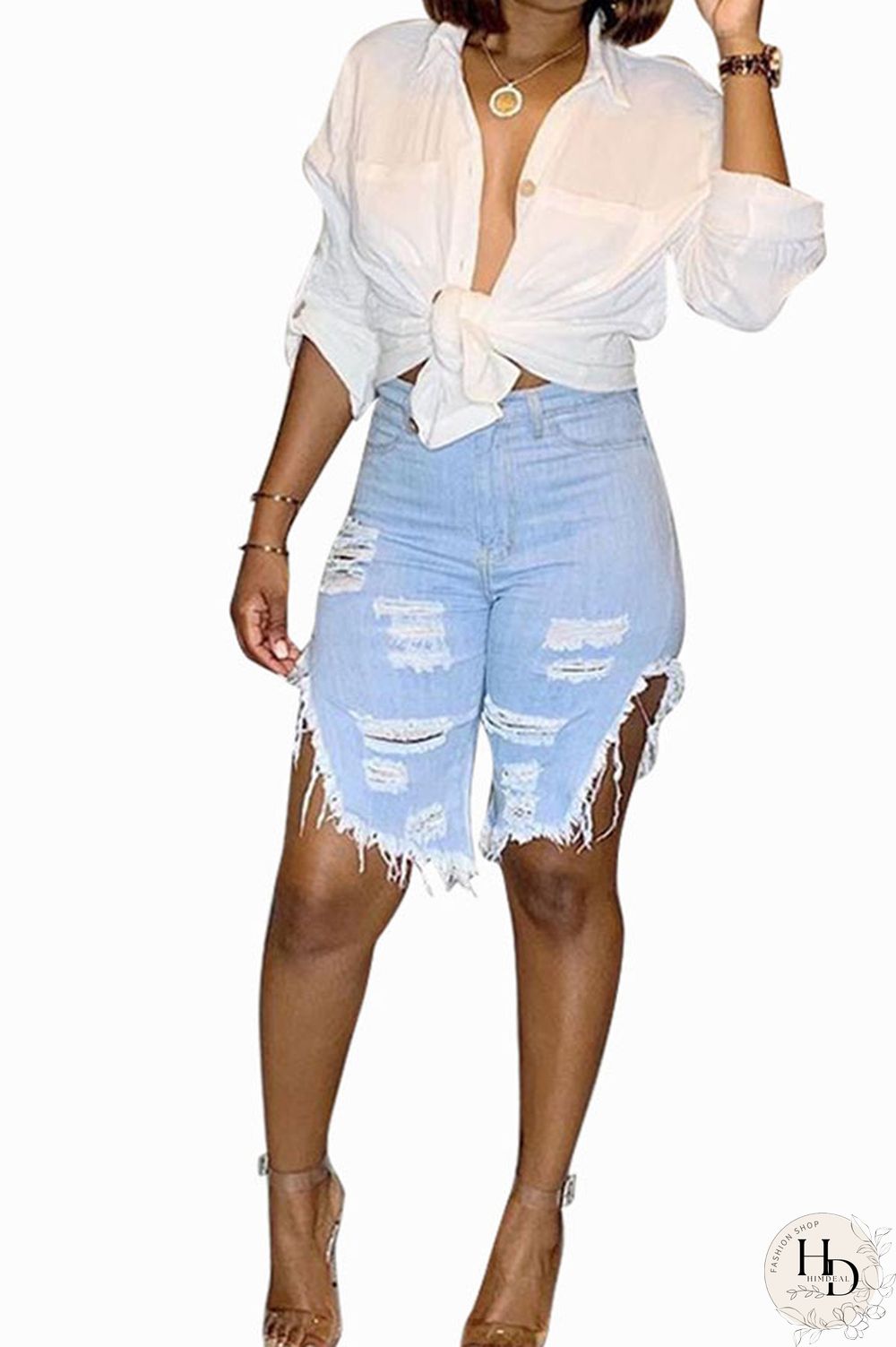 Light Blue Black Light Blue Dark Blue Denim Button Fly Mid Asymmetrical Boot Cut Capris Bottoms