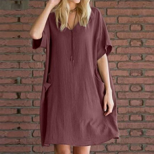 Cotton Linen Women's Loose Patch Pocket V-Neck Short Sleeve Dress