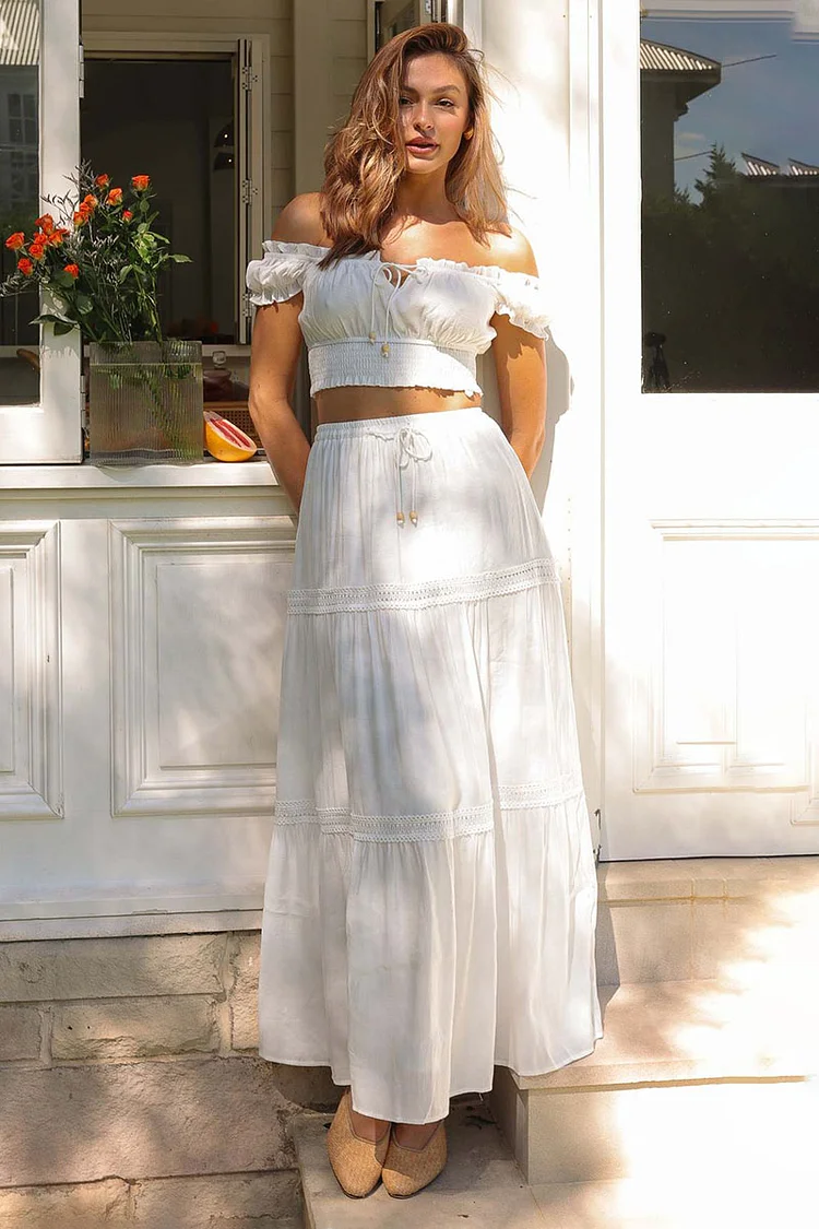 Off Shoulder Short Sleeve Ruched Top Quilted Maxi Skirt Matching Set-White