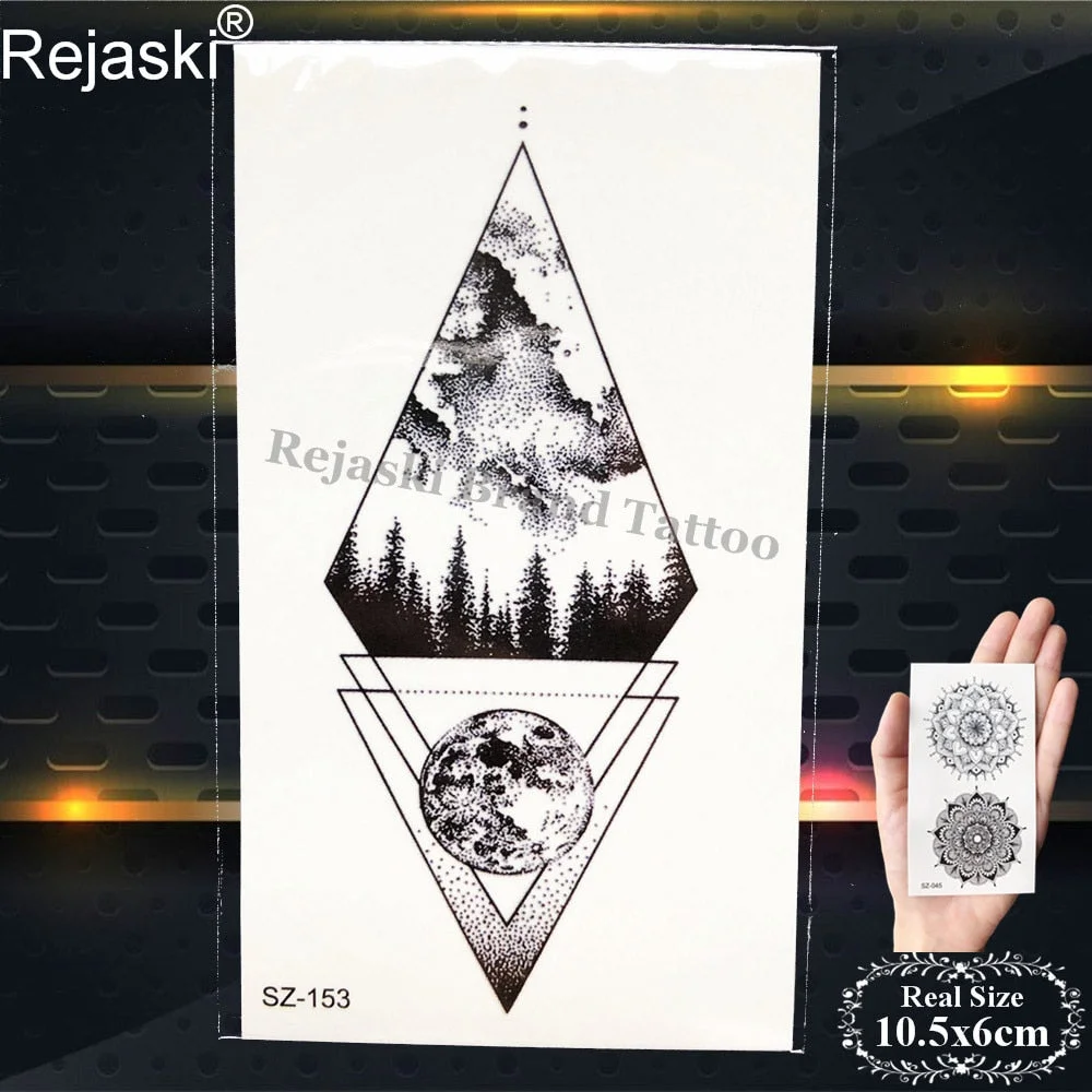 Rejaski Black Temporary Tattoo Stickers Women Iceberg Arm Geometry Waterproof Tatoos Men Mountain Fake Tattoo 3D Summer Style