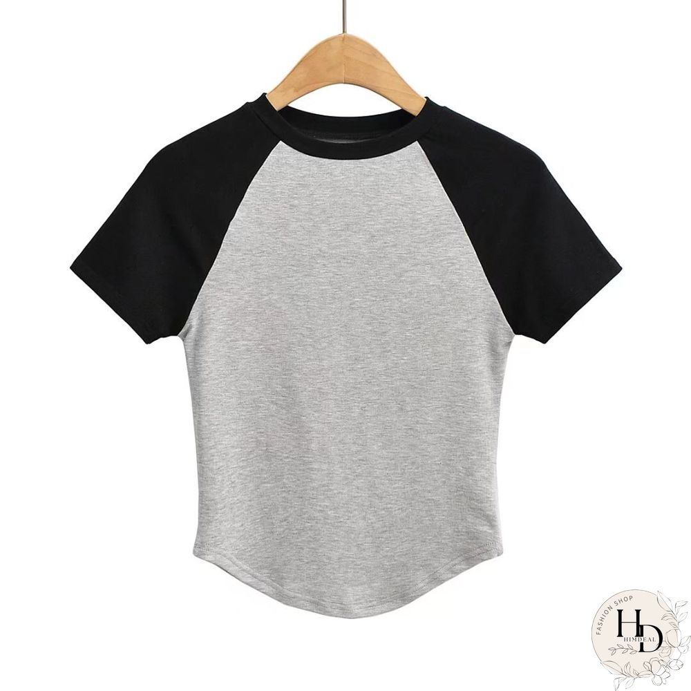 Curved Hem Contrast Color Sleeve Stitching Bottoming T Shirt Trendy Women's Short-sleeved T-shirt Tops For Women
