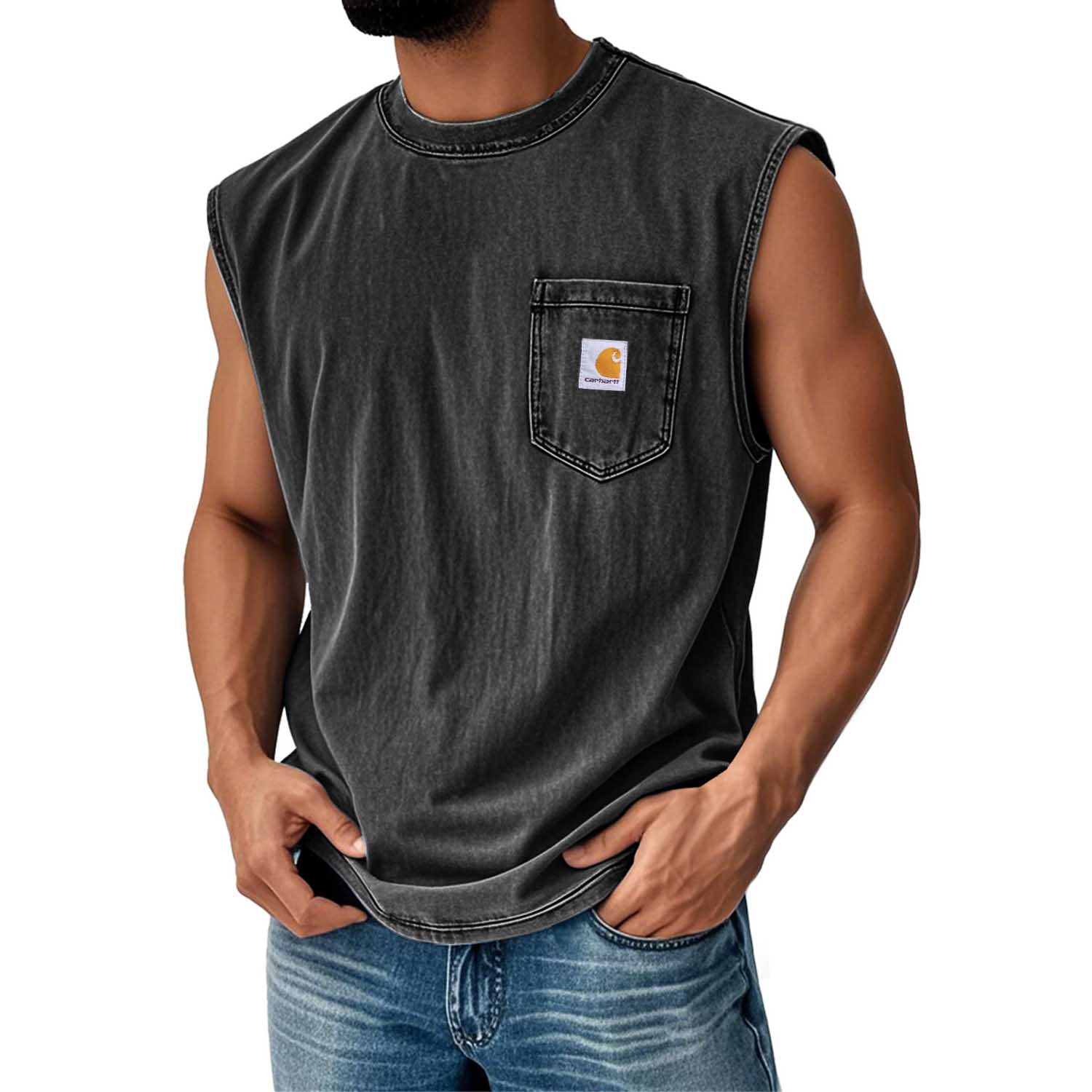 Men's Vintage Distressed Washed Pocket Crew Neck Black Sleeveless Tank Top / TECHWEAR CLUB / Techwear