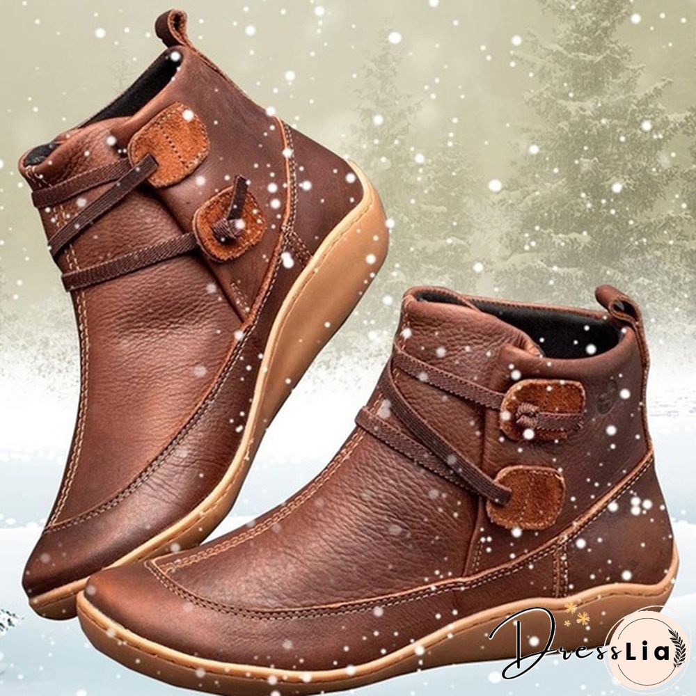Womens Medieval Vintage Leather Boots Braided strap flat heel all season waterproof slip