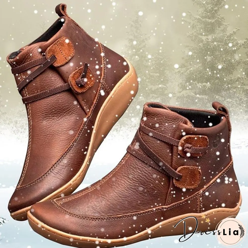 Womens Medieval Vintage Leather Boots Braided strap flat heel all season waterproof slip