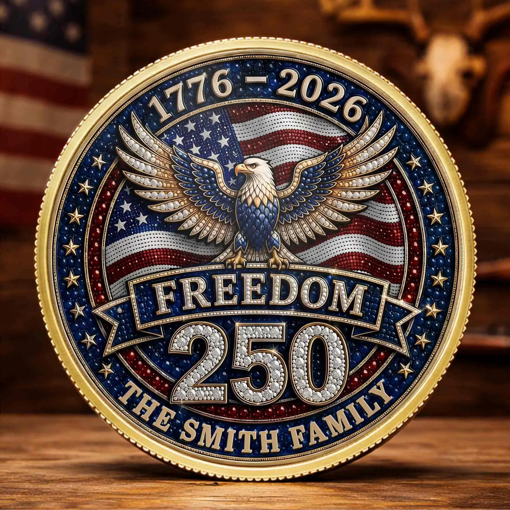 Freedom 250 The Family Patriotic Eagle And American Flag - Custom Commemorative Coin - INDE483_KCOIN