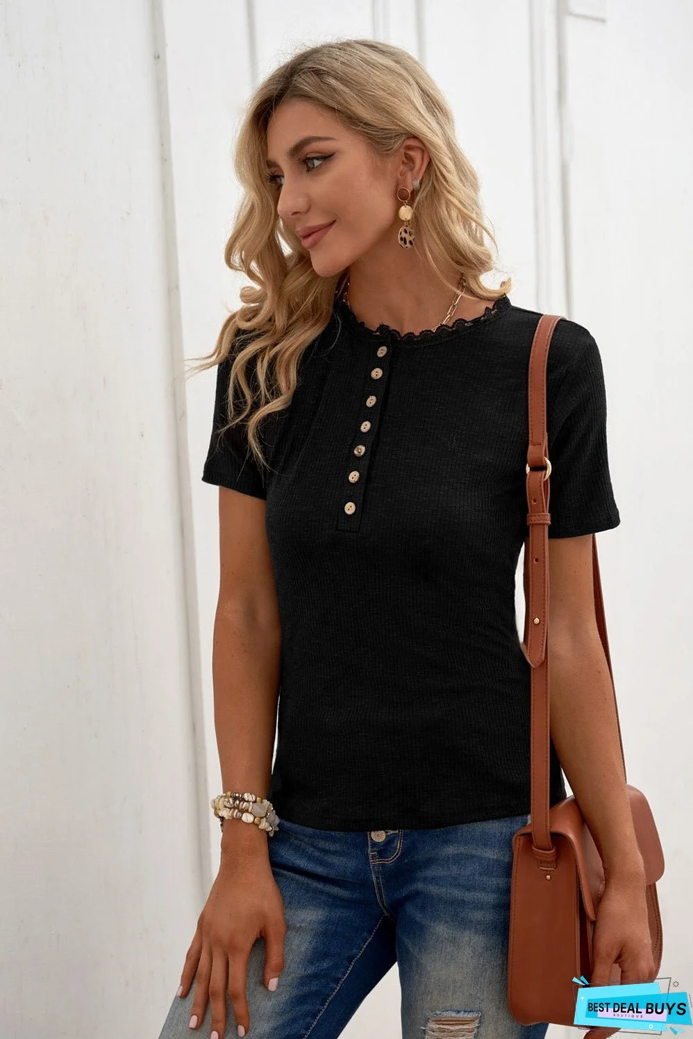 Black Crew Neck Buttoned Ribbed Knit Short Sleeve Top