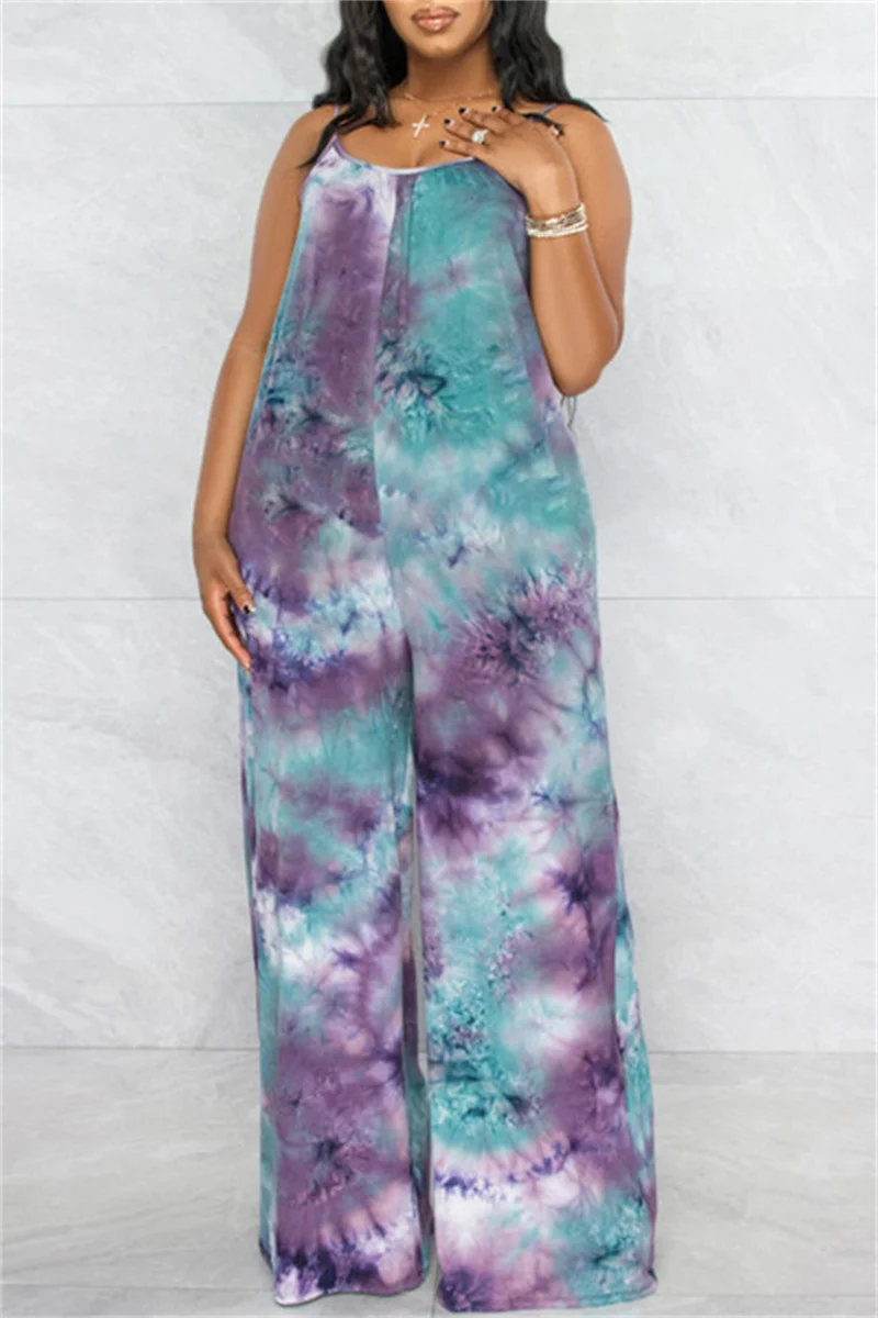 Purple Fashion Casual Print Tie-dye Backless Spaghetti Strap Plus Size Jumpsuits | EGEMISS